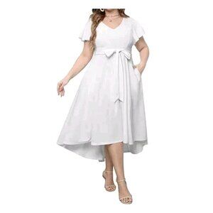 NWT Pinup Fashion Plus Size 14W White Midi Dress Bow Flutter‎ Sleeve Hi Low Slip